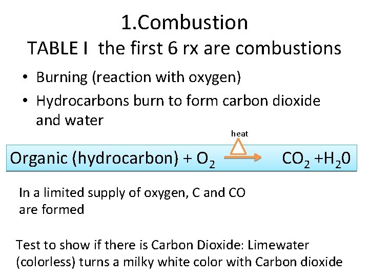 1. Combustion TABLE I the first 6 rx are combustions • Burning (reaction with