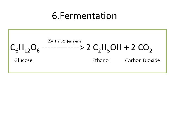 6. Fermentation Zymase (enzyme) C 6 H 12 O 6 -------> 2 C 2