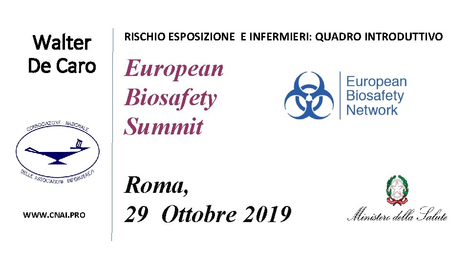 Walter De Caro WWW. CNAI. PRO RISCHIO ESPOSIZIONE E INFERMIERI: QUADRO INTRODUTTIVO European Biosafety