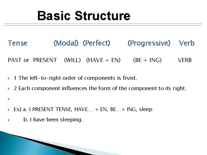 Basic Structure Tense (Modal) (Perfect) PAST or PRESENT (WILL) (HAVE + EN) (Progressive) (BE
