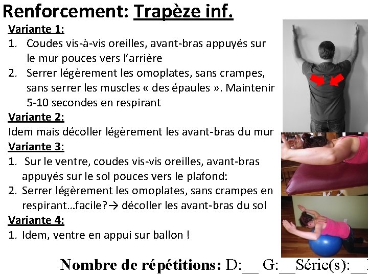 Renforcement: Trapèze inf. Variante 1: 1. Coudes vis-à-vis oreilles, avant-bras appuyés sur le mur Renforcement: Trapèze inf. Variante 1: 1. Coudes vis-à-vis oreilles, avant-bras appuyés sur le mur