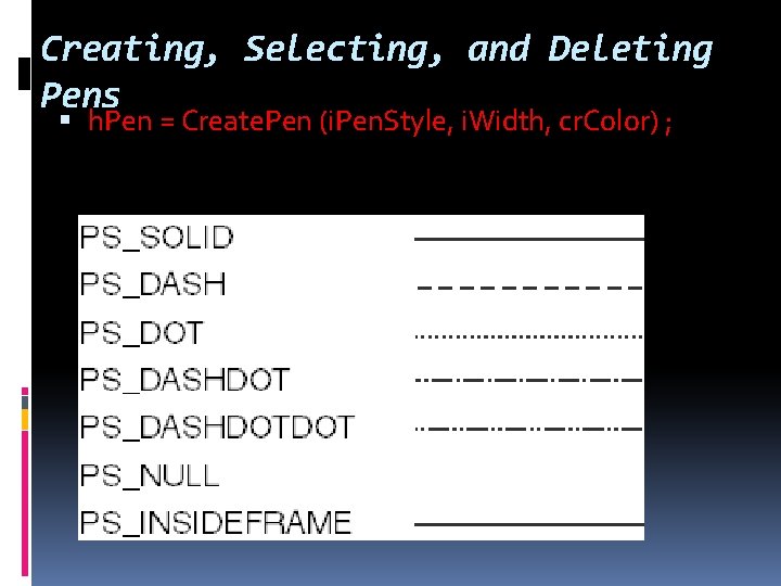 Creating, Selecting, and Deleting Pens h. Pen = Create. Pen (i. Pen. Style, i.