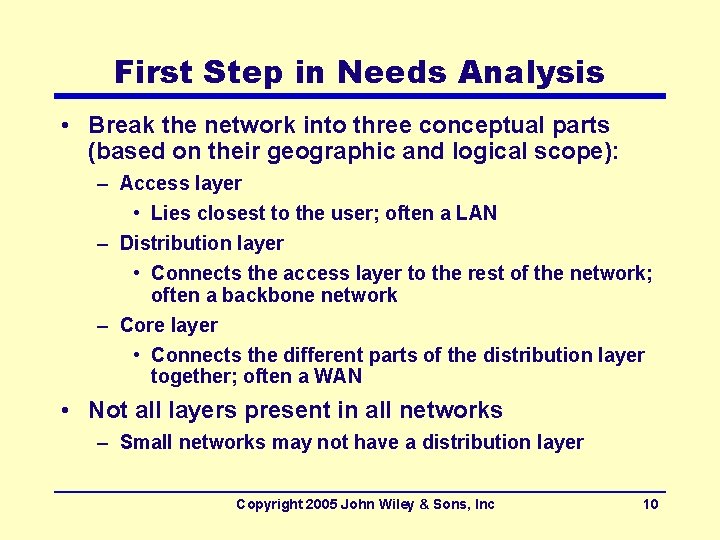 First Step in Needs Analysis • Break the network into three conceptual parts (based