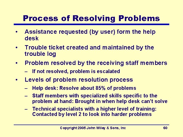 Process of Resolving Problems • • • Assistance requested (by user) form the help