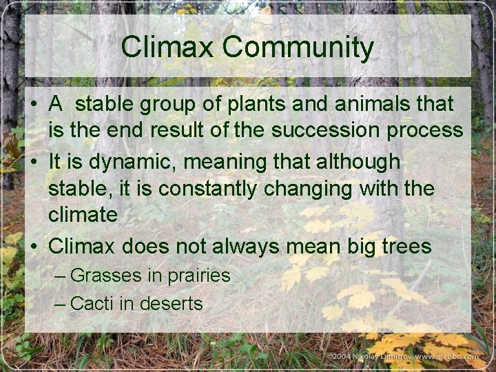 Climax Community • A stable group of plants and animals that is the end