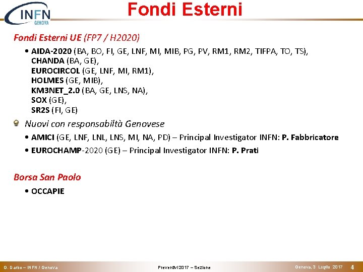 Fondi Esterni UE (FP 7 / H 2020) • AIDA-2020 (BA, BO, FI, GE,