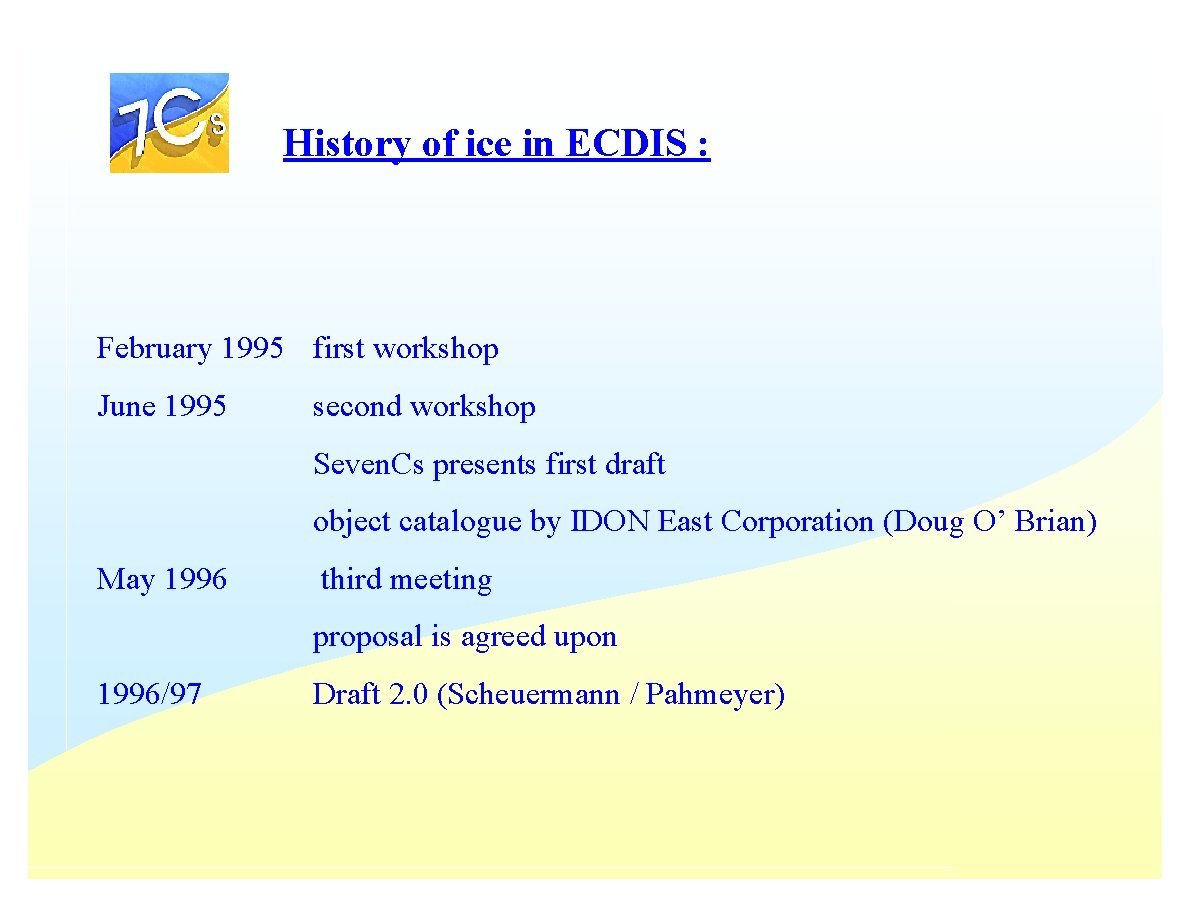 History of ice in ECDIS : February 1995 first workshop June 1995 second workshop History of ice in ECDIS : February 1995 first workshop June 1995 second workshop