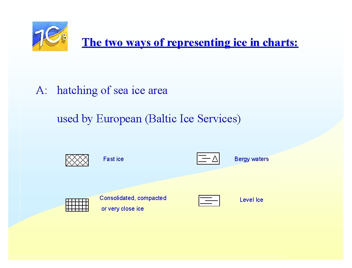 The two ways of representing ice in charts: A: hatching of sea ice area The two ways of representing ice in charts: A: hatching of sea ice area