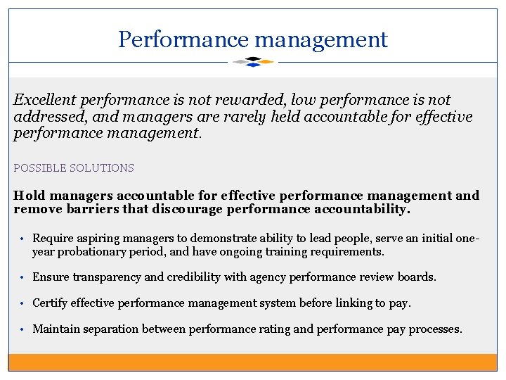 Performance management Excellent performance is not rewarded, low performance is not addressed, and managers