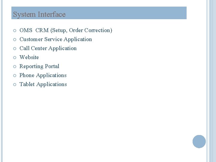 System Interface OMS CRM (Setup, Order Correction) Customer Service Application Call Center Application Website