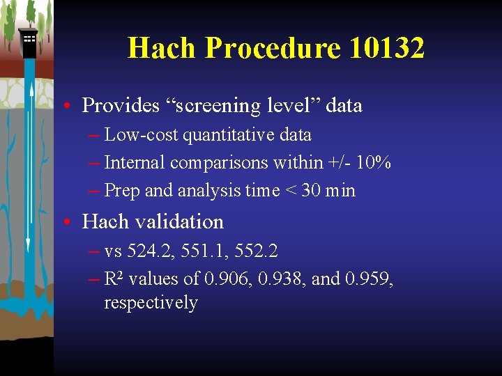 Hach Procedure 10132 • Provides “screening level” data – Low-cost quantitative data – Internal