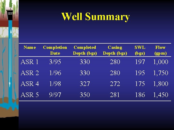 Well Summary Name Completion Date Completed Depth (bgs) Casing Depth (bgs) SWL (bgs) Flow