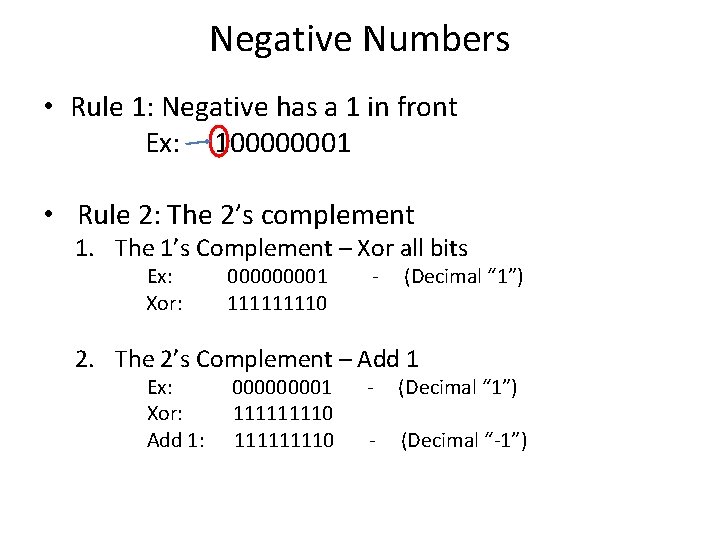 Negative Numbers • Rule 1: Negative has a 1 in front Ex: 100000001 •