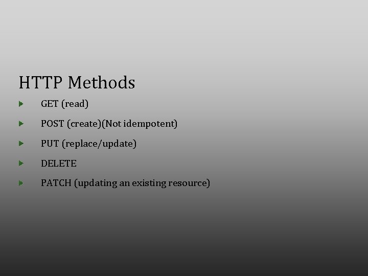 HTTP Methods GET (read) POST (create)(Not idempotent) PUT (replace/update) DELETE PATCH (updating an existing