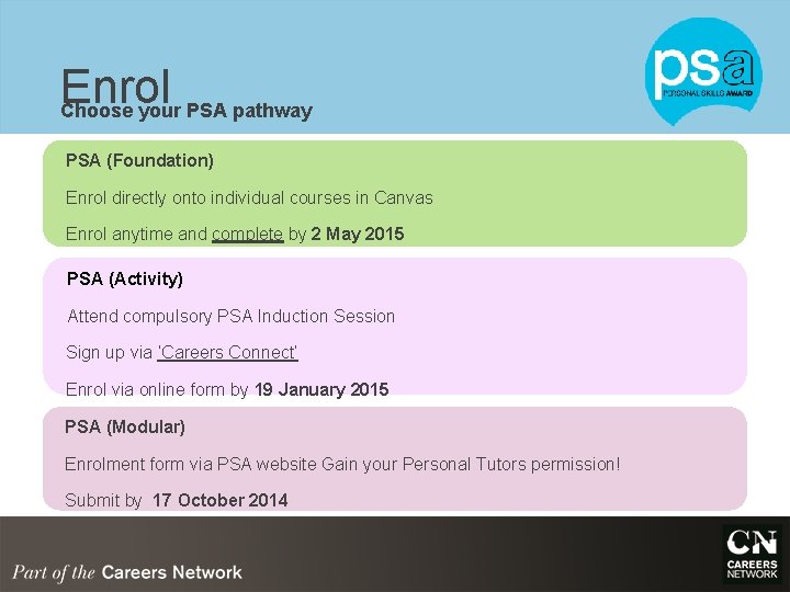 Enrol Choose your PSA pathway PSA (Foundation) Enrol directly onto individual courses in Canvas