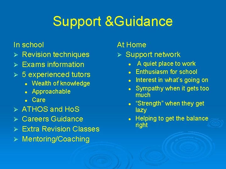Support &Guidance In school Ø Revision techniques Ø Exams information Ø 5 experienced tutors