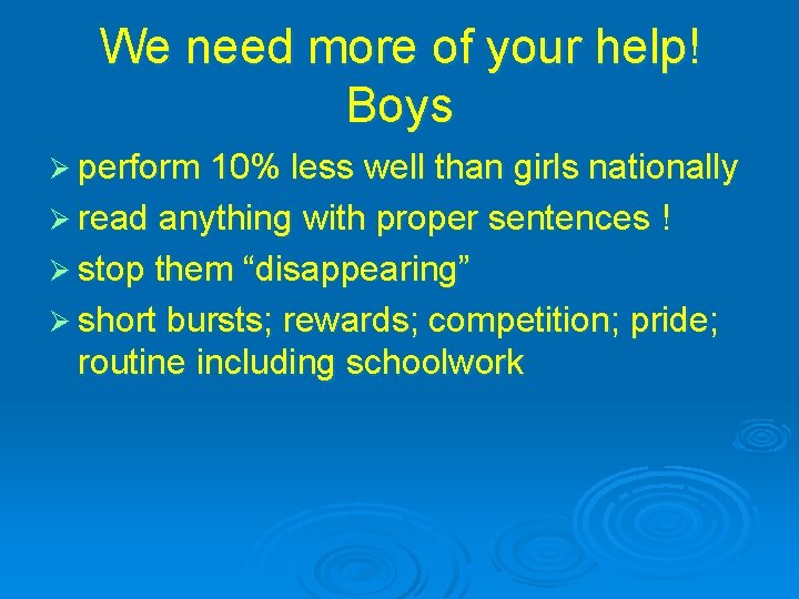We need more of your help! Boys Ø perform 10% less well than girls