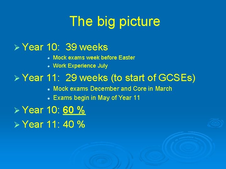 The big picture Ø Year 10: l l Mock exams week before Easter Work