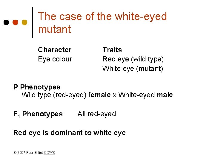 The case of the white-eyed mutant Character Eye colour Traits Red eye (wild type)