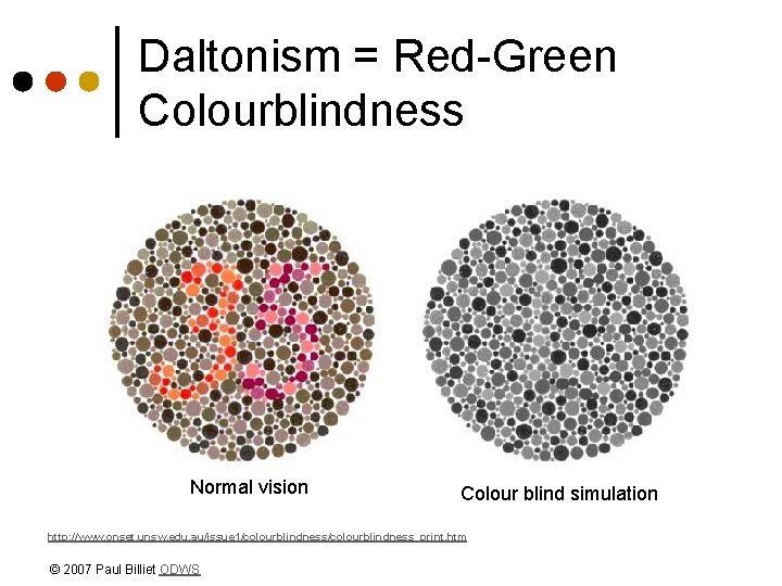 Daltonism = Red-Green Colourblindness Normal vision Colour blind simulation http: //www. onset. unsw. edu.