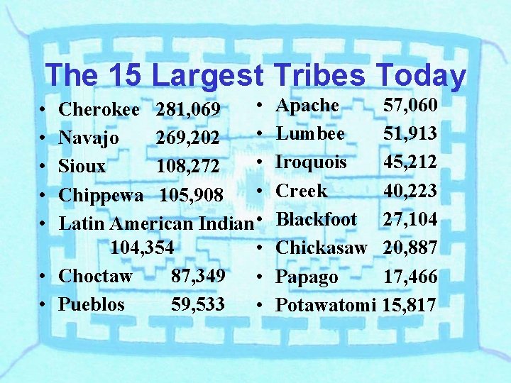 The 15 Largest Tribes Today • Cherokee 281, 069 • Navajo 269, 202 •