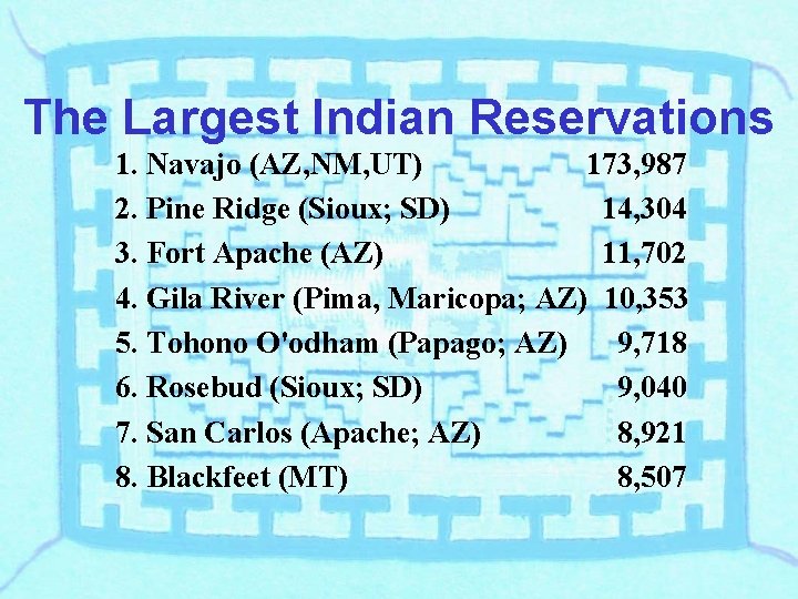 The Largest Indian Reservations 1. Navajo (AZ, NM, UT) 173, 987 2. Pine Ridge