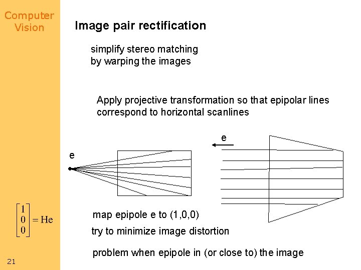 Computer Vision Image pair rectification simplify stereo matching by warping the images Apply projective