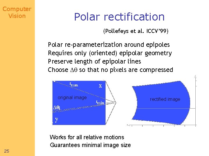 Computer Vision Polar rectification (Pollefeys et al. ICCV’ 99) Polar re-parameterization around epipoles Requires