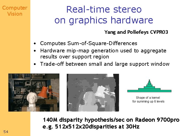 Computer Vision Real-time stereo on graphics hardware Yang and Pollefeys CVPR 03 • Computes