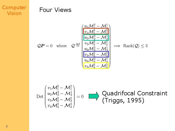 Computer Vision Four Views Quadrifocal Constraint (Triggs, 1995) 7 