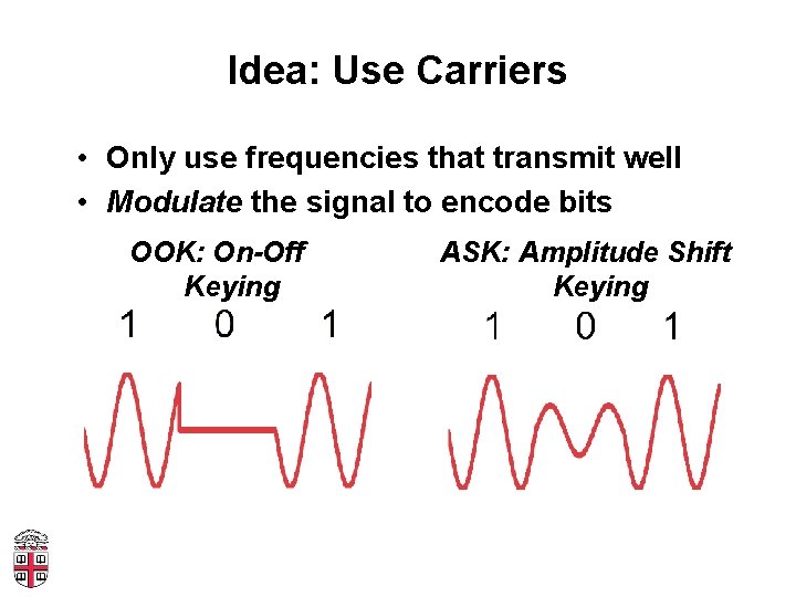 Idea: Use Carriers • Only use frequencies that transmit well • Modulate the signal