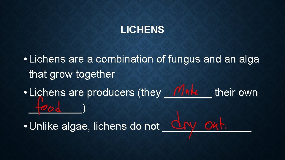 LICHENS • Lichens are a combination of fungus and an alga that grow together LICHENS • Lichens are a combination of fungus and an alga that grow together