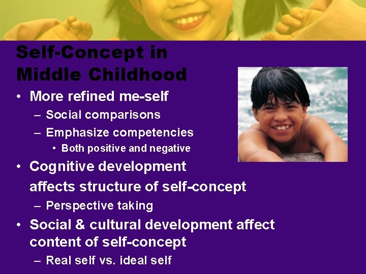 Self-Concept in Middle Childhood • More refined me-self – Social comparisons – Emphasize competencies