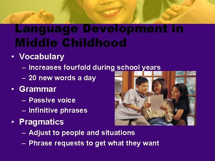 Language Development in Middle Childhood • Vocabulary – Increases fourfold during school years –