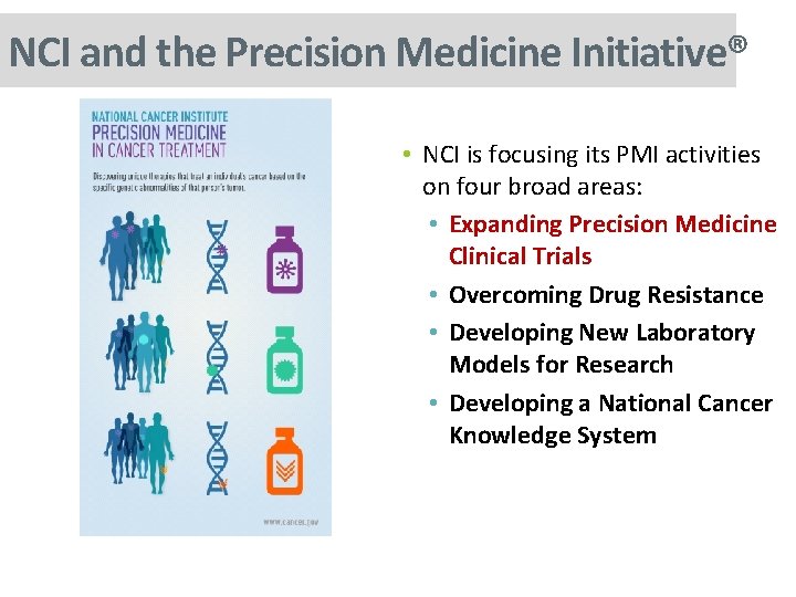 NCI and the Precision Medicine Initiative® • NCI is focusing its PMI activities on