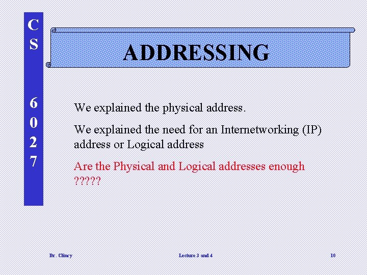 C S ADDRESSING 6 0 2 7 We explained the physical address. We explained