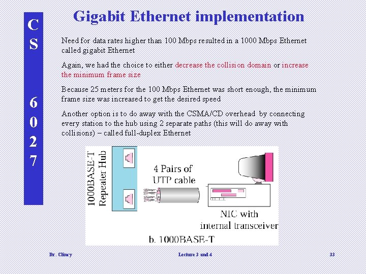 C S Gigabit Ethernet implementation Need for data rates higher than 100 Mbps resulted