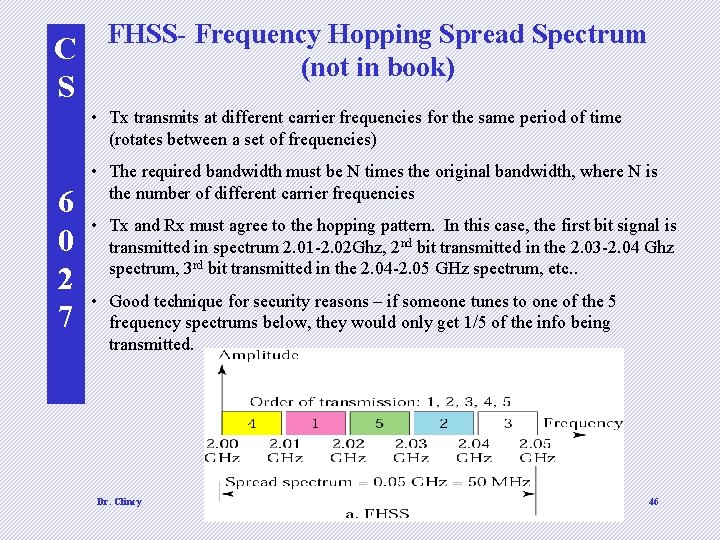 C S FHSS- Frequency Hopping Spread Spectrum (not in book) • Tx transmits at