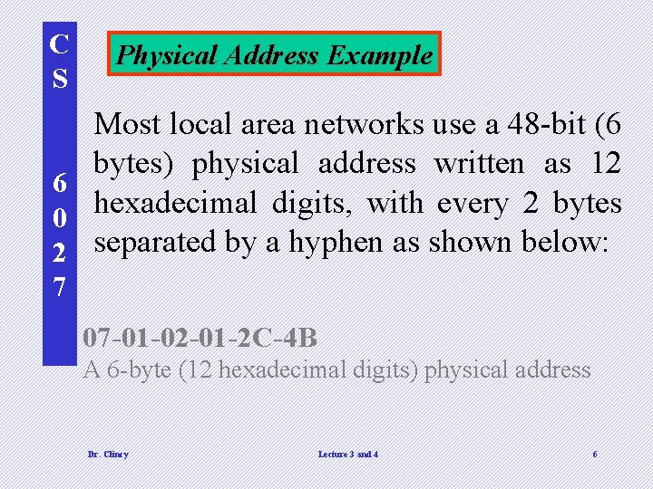 C S Physical Address Example Most local area networks use a 48 -bit (6