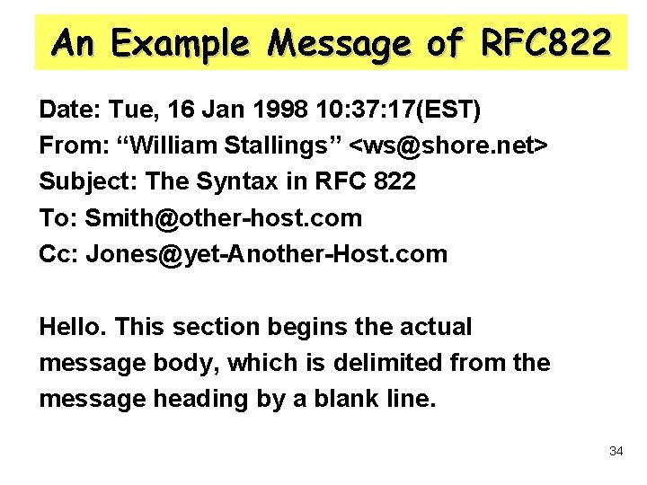 An Example Message of RFC 822 Date: Tue, 16 Jan 1998 10: 37: 17(EST)