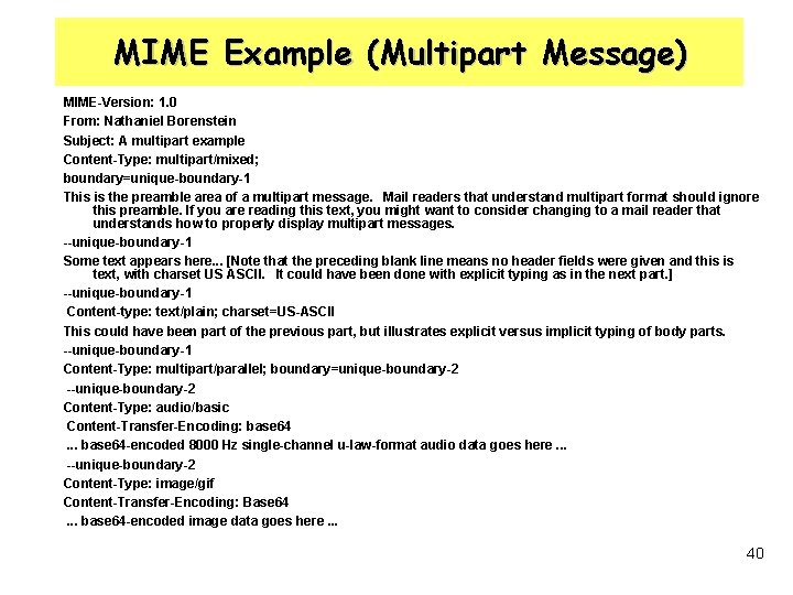 MIME Example (Multipart Message) MIME-Version: 1. 0 From: Nathaniel Borenstein Subject: A multipart example