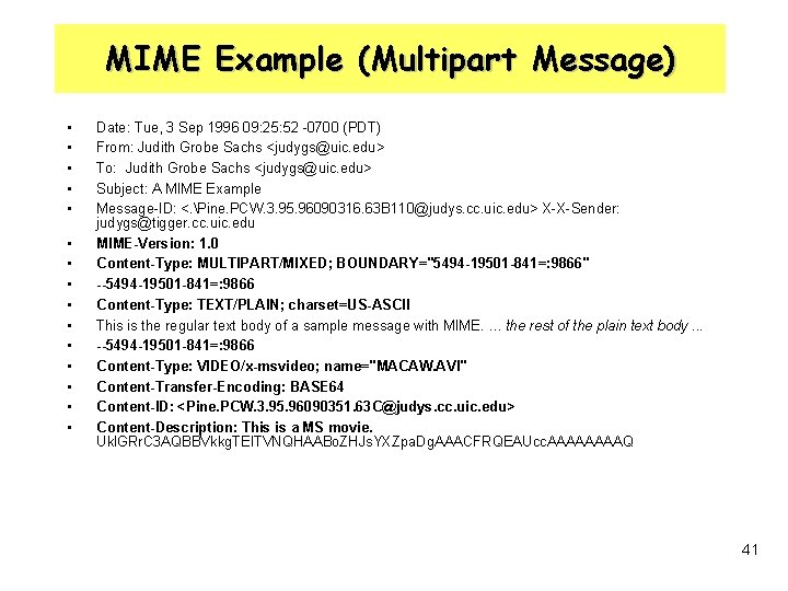 MIME Example (Multipart Message) • • • • Date: Tue, 3 Sep 1996 09: