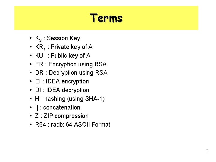 Terms • • • KS : Session Key KRa : Private key of A