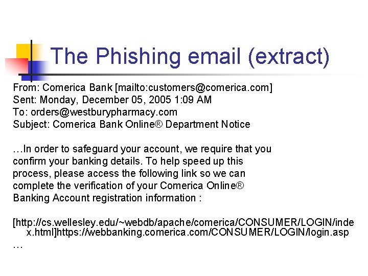 The Phishing email (extract) From: Comerica Bank [mailto: customers@comerica. com] Sent: Monday, December 05,