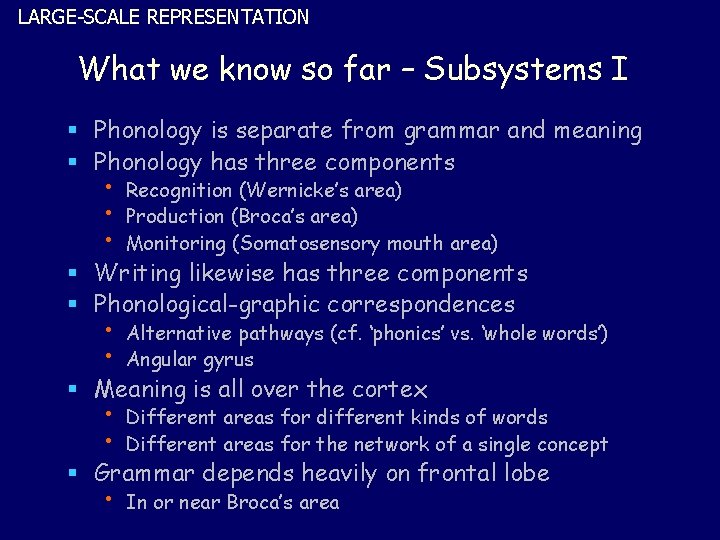 LARGE-SCALE REPRESENTATION What we know so far – Subsystems I § Phonology is separate