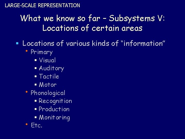 LARGE-SCALE REPRESENTATION What we know so far – Subsystems V: Locations of certain areas