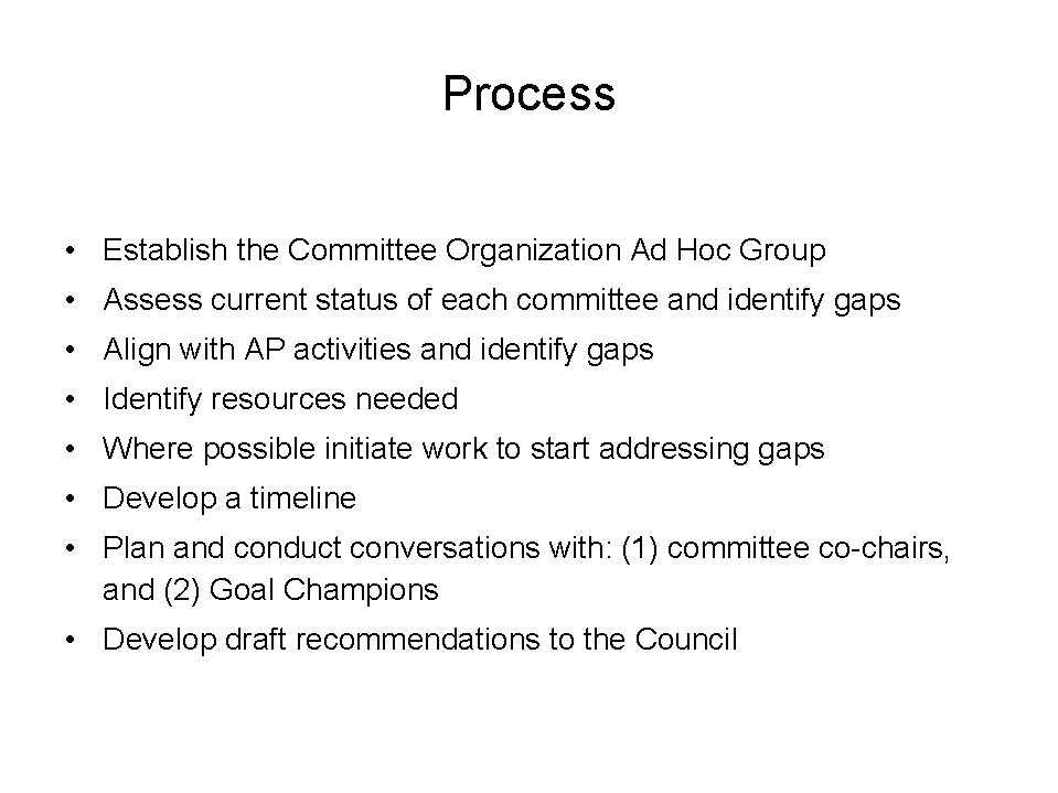 Process • Establish the Committee Organization Ad Hoc Group • Assess current status of