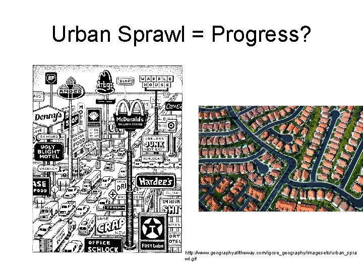 Urban Sprawl = Progress? http: //www. geographyalltheway. com/igcse_geography/imagesetc/urban_spra wl. gif 
