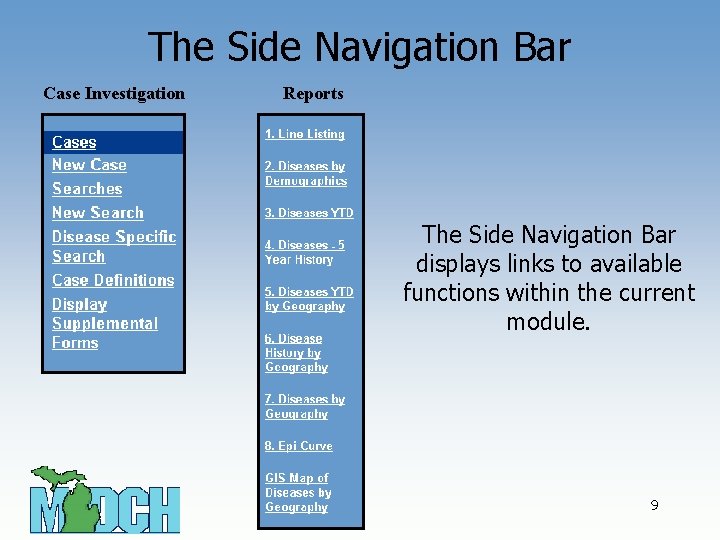 The Side Navigation Bar Case Investigation Reports The Side Navigation Bar displays links to