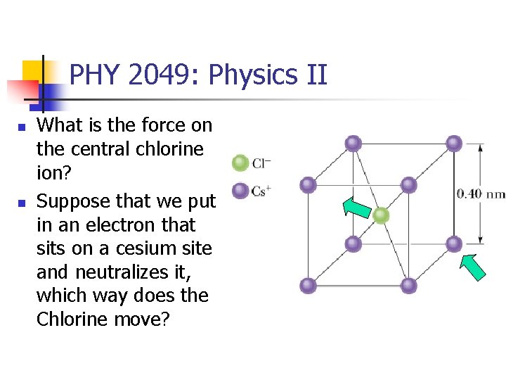 PHY 2049: Physics II n n What is the force on the central chlorine